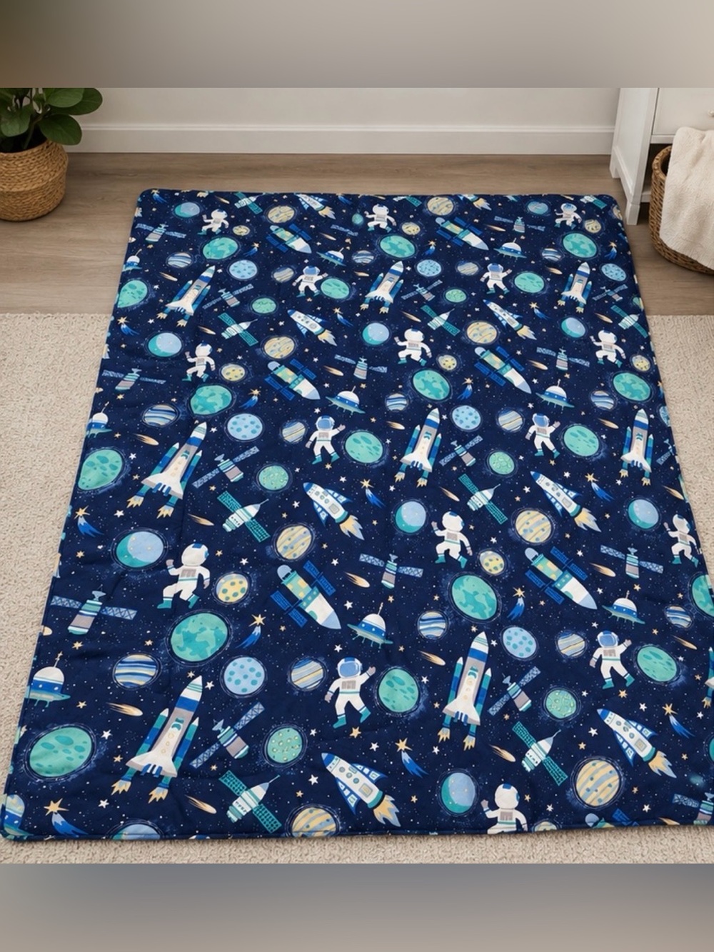 Mainstays Space Rocket Plush Throw Blanket - Navy Blue & Teal